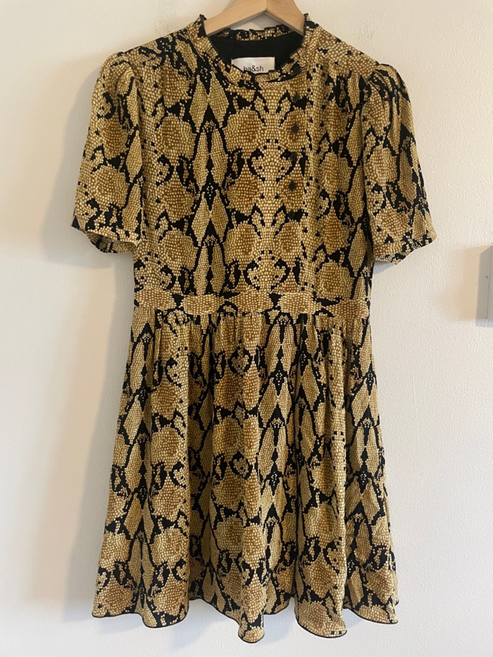 ba&sh Lady Mini Dress Women’s Size Medium Snakeskin Print Puff Sleeve Gold Black